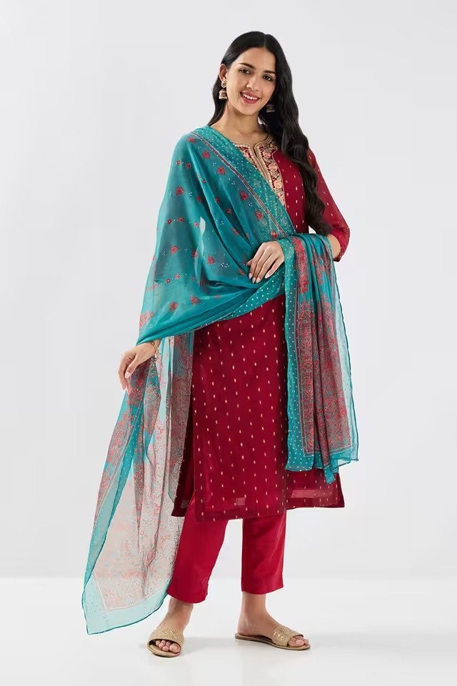 Chanderi V-Neck Women's Pant Kurta Dupatta Set