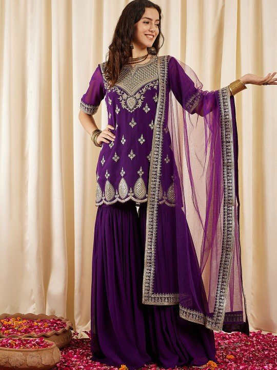 Ethnic Motifs Embroidered Regular Sequined Kurti with Sharara & Dupatta