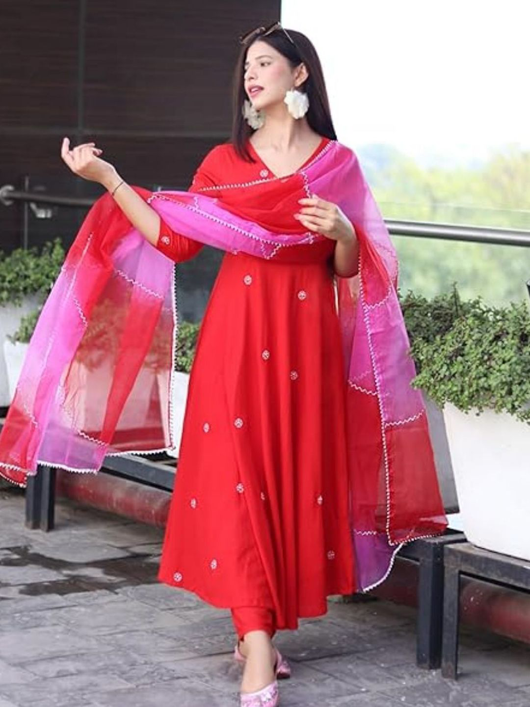 Floral Embroidered V-Neck Thread Work Kurta With Trousers & Dupatta