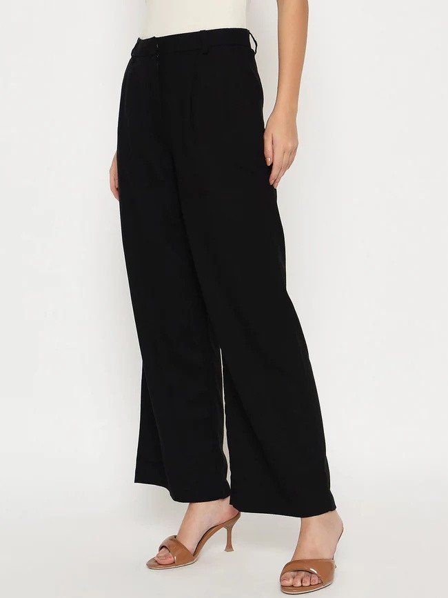 Cotton Blend Black Wide Leg Trousers