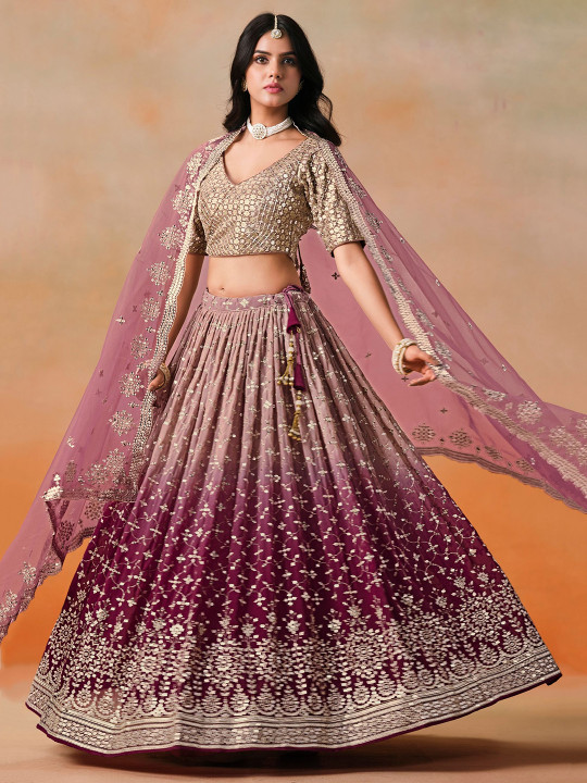 Embroidered Sequinned Semi-Stitched Georgette Lehenga & Blouse With Dupatta