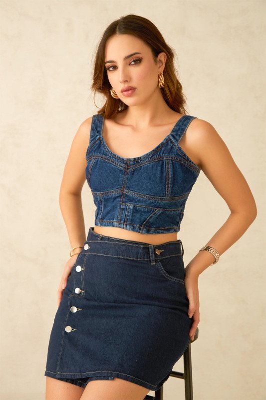 100% Cotton Wrap Button Detail Mini Skirt