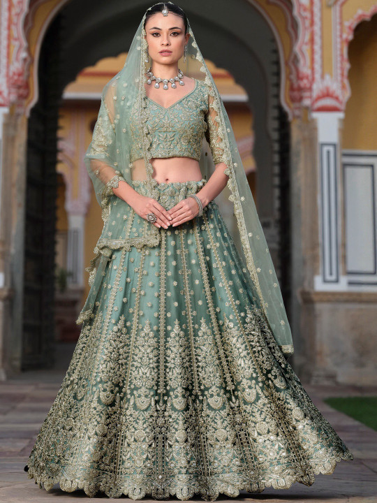 Floral Embroidered Net Semi-Stitched Lehenga & Unstitched Blouse With Dupatta
