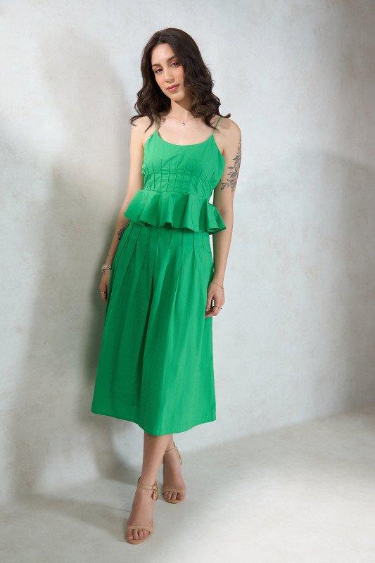 100% Cotton Pintucked Midi Skirt With Pleats